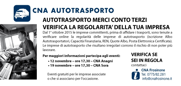 Featured image for “Autotrasporto. Verifica regolarità impresa – Seminari ad Anagni e Sora”