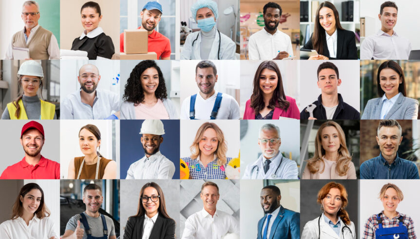 Collage di lavoratori di diversi settori professionali mostrando diversità etnica e di genere, inclusi ingegneri, medici, imprenditori, e artigiani.